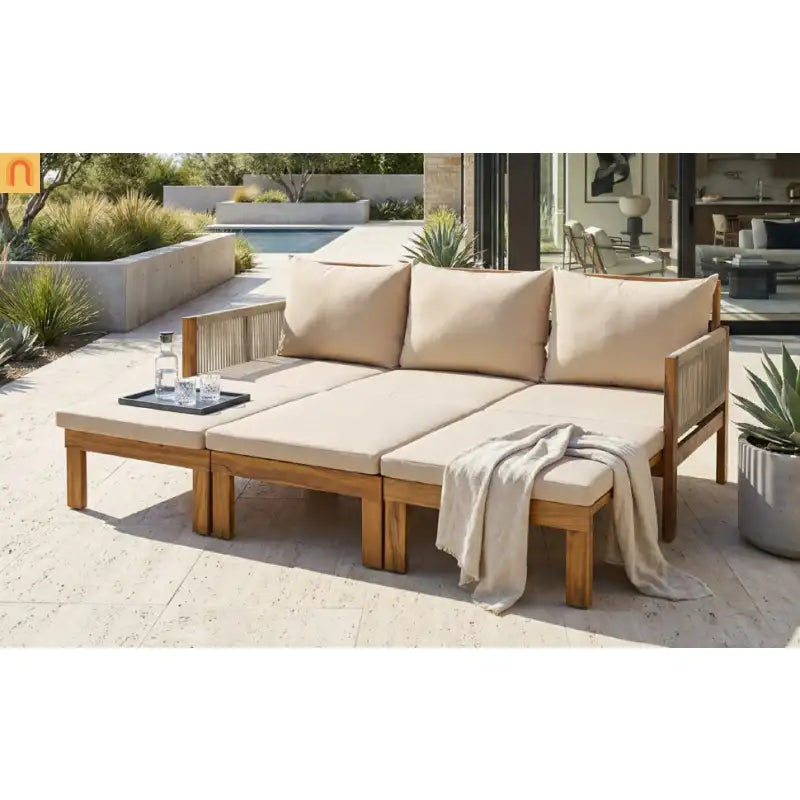 Outdoor Daybed Sofa Bed Acacia Wood Natural Brown Convertible Rope