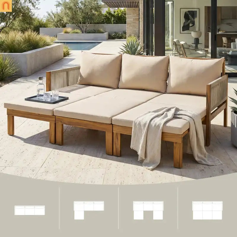 Outdoor Daybed Sofa Bed Acacia Wood Natural Brown Convertible Rope