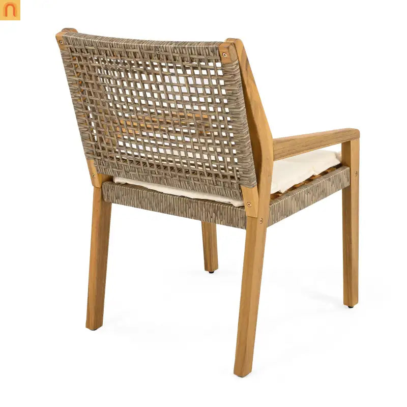 Outdoor Dining Chair Acacia Wood Wicker Teak Brown Cream Cushion 400 LB
