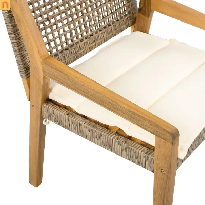 Outdoor Dining Chair Acacia Wood Wicker Teak Brown Cream Cushion 400 LB