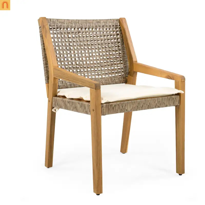 Outdoor Dining Chair Acacia Wood Wicker Teak Brown Cream Cushion 400 LB