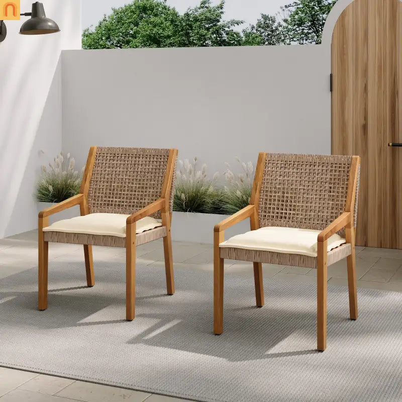 Outdoor Dining Chair Acacia Wood Wicker Teak Brown Cream Cushion 400 LB