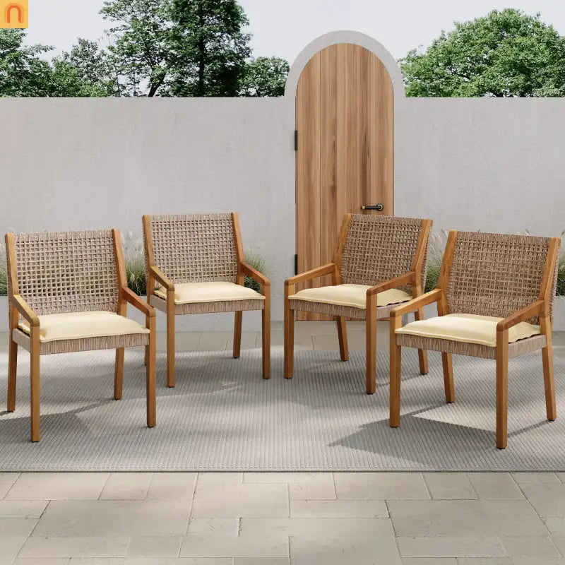 Outdoor Dining Chair Acacia Wood Wicker Teak Brown Cream Cushion 400 LB