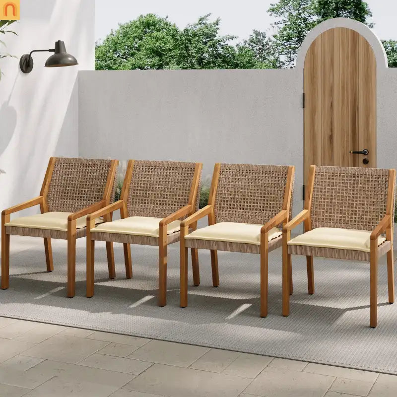 Outdoor Dining Chair Acacia Wood Wicker Teak Brown Cream Cushion 400 LB