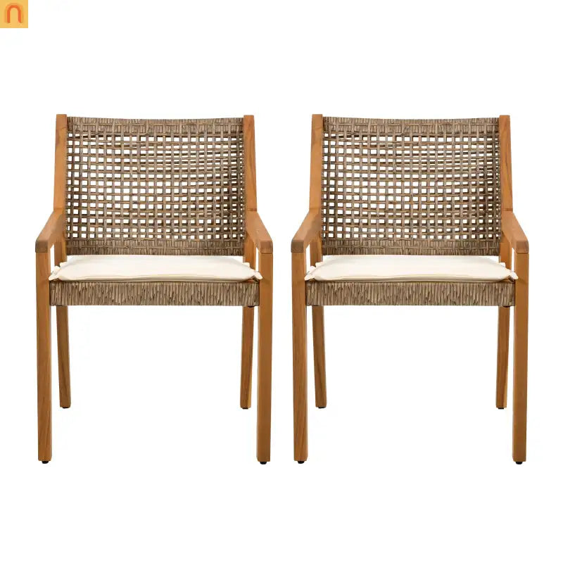 Outdoor Dining Chair Acacia Wood Wicker Teak Brown Cream Cushion 400 LB