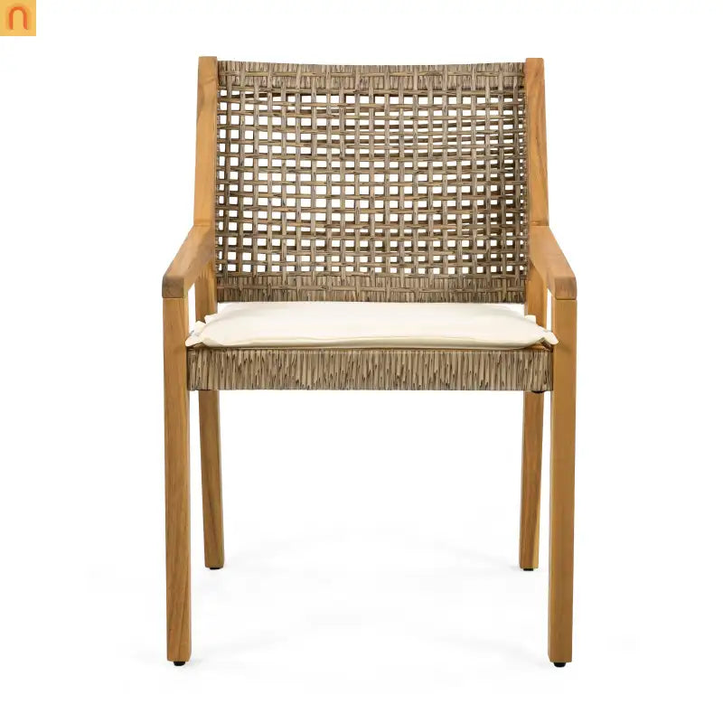 Outdoor Dining Chair Acacia Wood Wicker Teak Brown Cream Cushion 400 LB