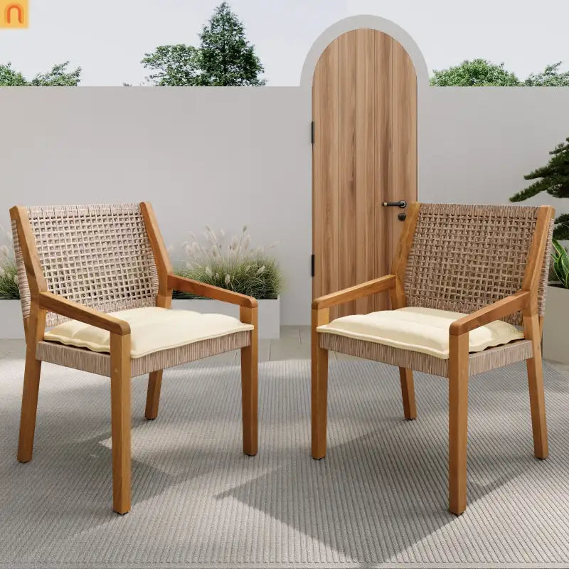 Outdoor Dining Chair Acacia Wood Wicker Teak Brown Cream Cushion 400 LB