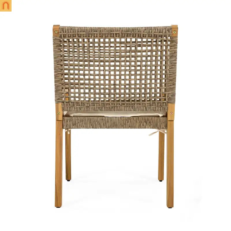Outdoor Dining Chair Acacia Wood Wicker Teak Cream Cushion 400 LB Set 2