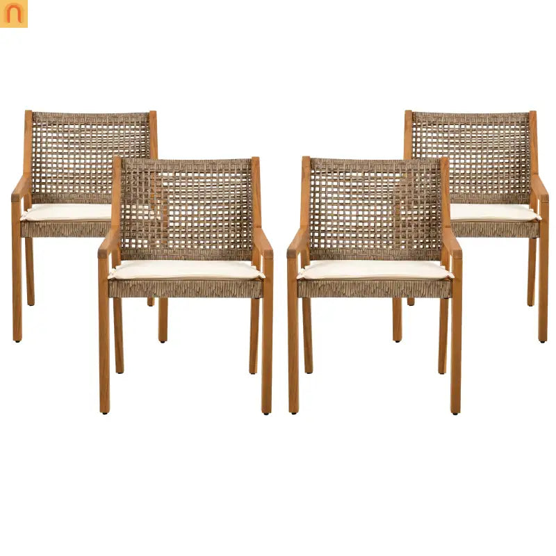 Outdoor Dining Chair Acacia Wood Wicker Teak Cream Cushion 400 LB Set 2