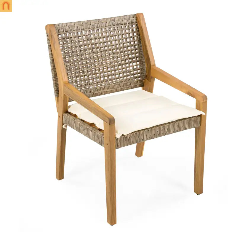 Outdoor Dining Chair Acacia Wood Wicker Teak Cream Cushion 400 LB Set 2
