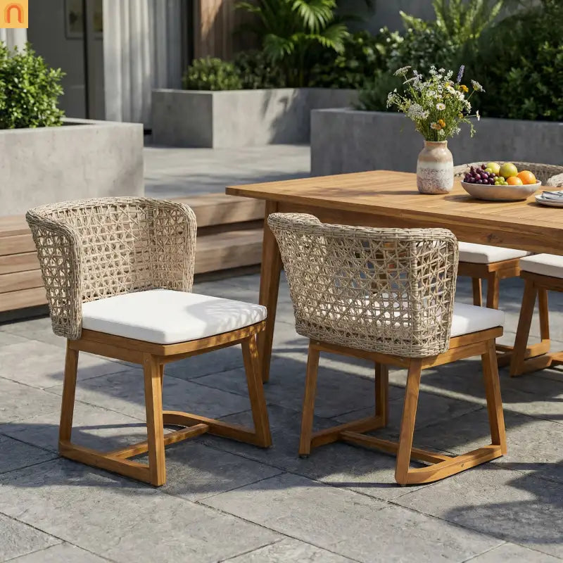 Outdoor Dining Chair Acacia Wood Wicker Teak Beige Cushion Set of 2