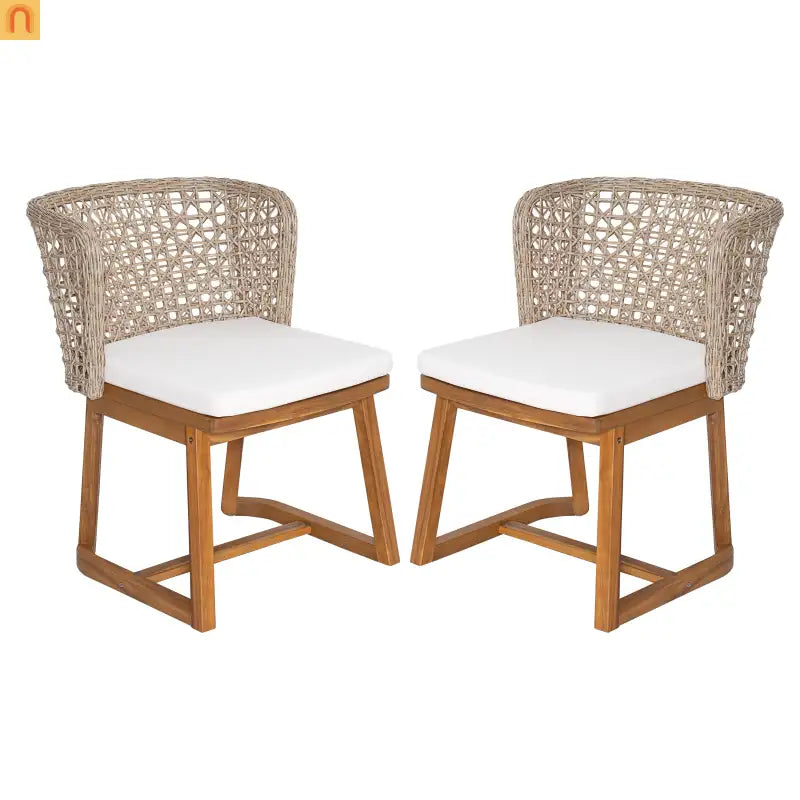 Outdoor Dining Chair Acacia Wood Wicker Teak Beige Cushion Set of 2