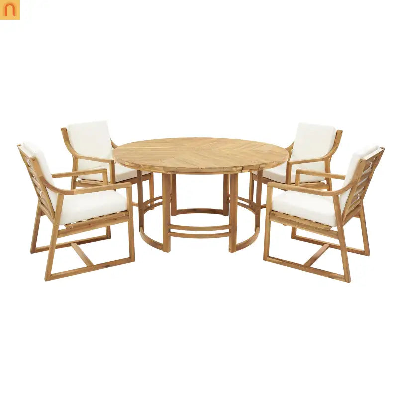 Outdoor Dining Set Acacia Wood Light Teak Beige Cushions 5 Piece Seats 4