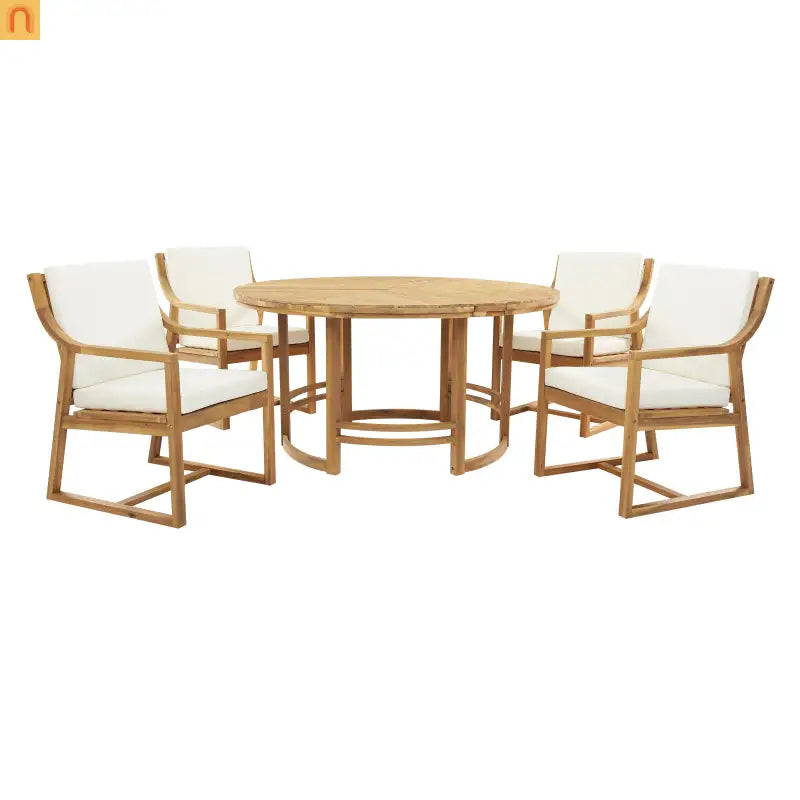 Outdoor Dining Set Acacia Wood Light Teak Beige Cushions 5 Piece Seats 4