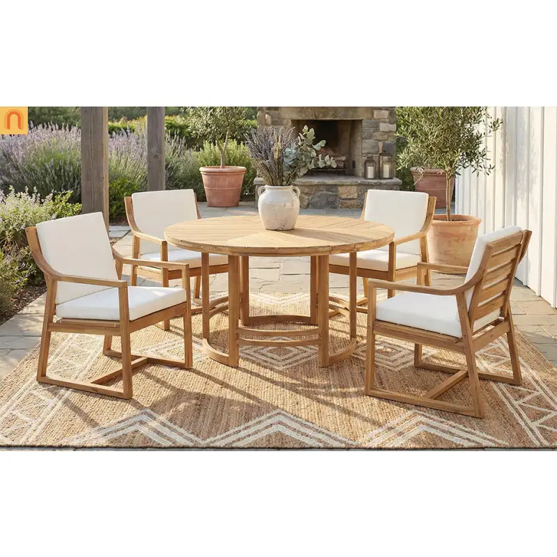 Outdoor Dining Set Acacia Wood Light Teak Beige Cushions 5 Piece Seats 4