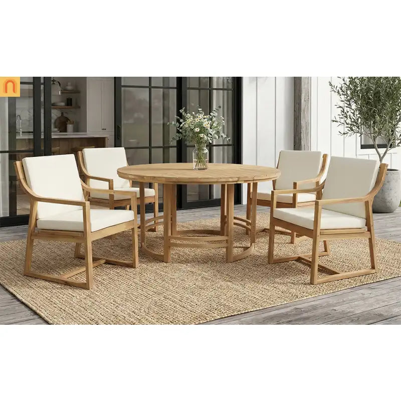 Outdoor Dining Set Acacia Wood Light Teak Beige Cushions 5 Piece Seats 4