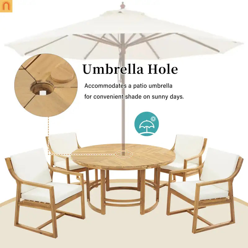 Outdoor Dining Set Acacia Wood Light Teak Beige Cushions 5 Piece Seats 4