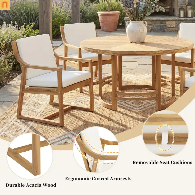 Outdoor Dining Set Acacia Wood Light Teak Beige Cushions 5 Piece Seats 4