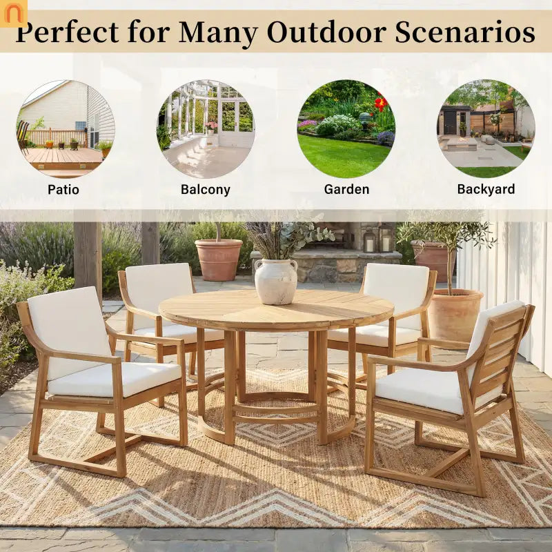 Outdoor Dining Set Acacia Wood Light Teak Beige Cushions 5 Piece Seats 4