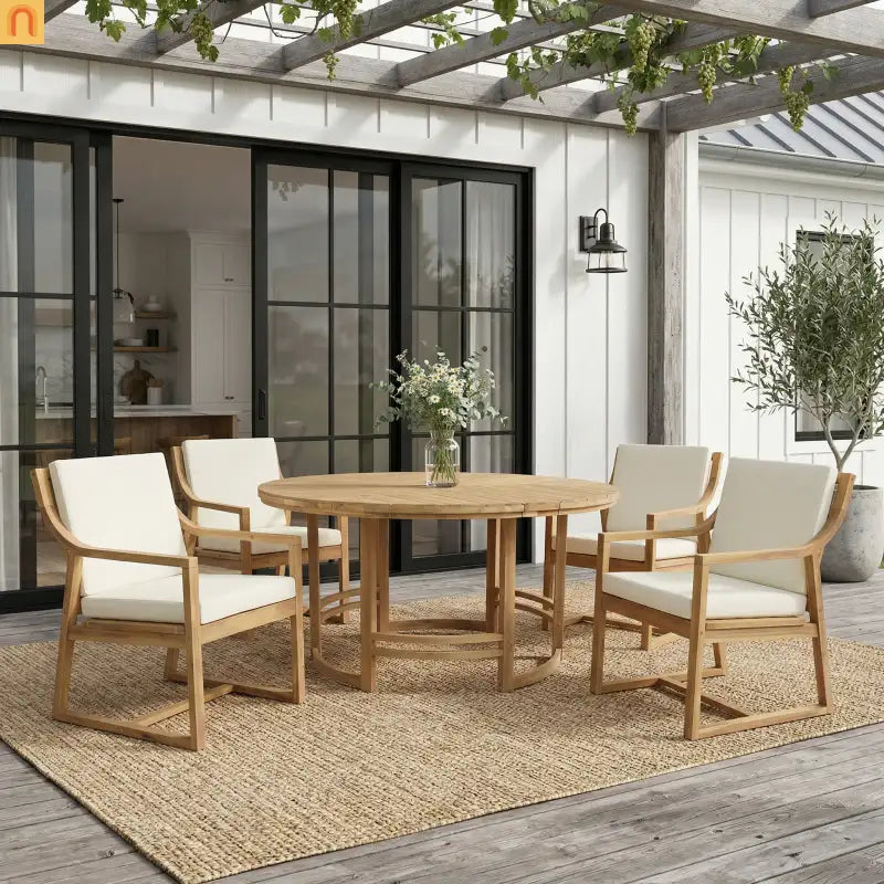 Outdoor Dining Set Acacia Wood Light Teak Beige Cushions 5 Piece Seats 4