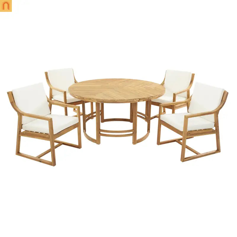 Outdoor Dining Set Acacia Wood Light Teak Beige Cushions 5 Piece Seats 4
