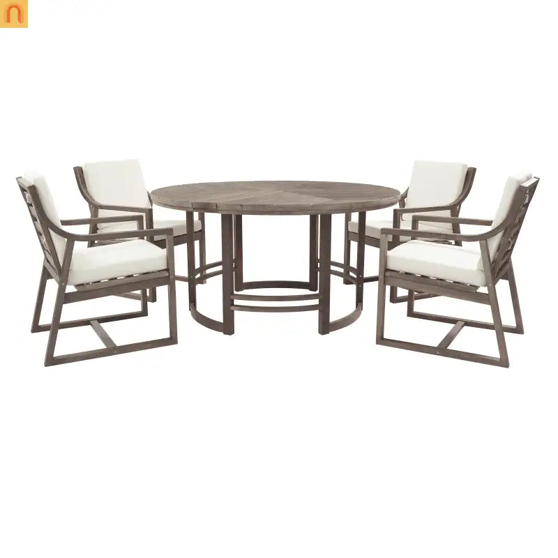 Outdoor Dining Set Acacia Wood Beige Cushions 5 Piece Umbrella Hole