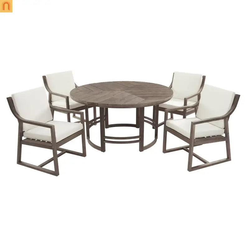 Outdoor Dining Set Acacia Wood Beige Cushions 5 Piece Umbrella Hole