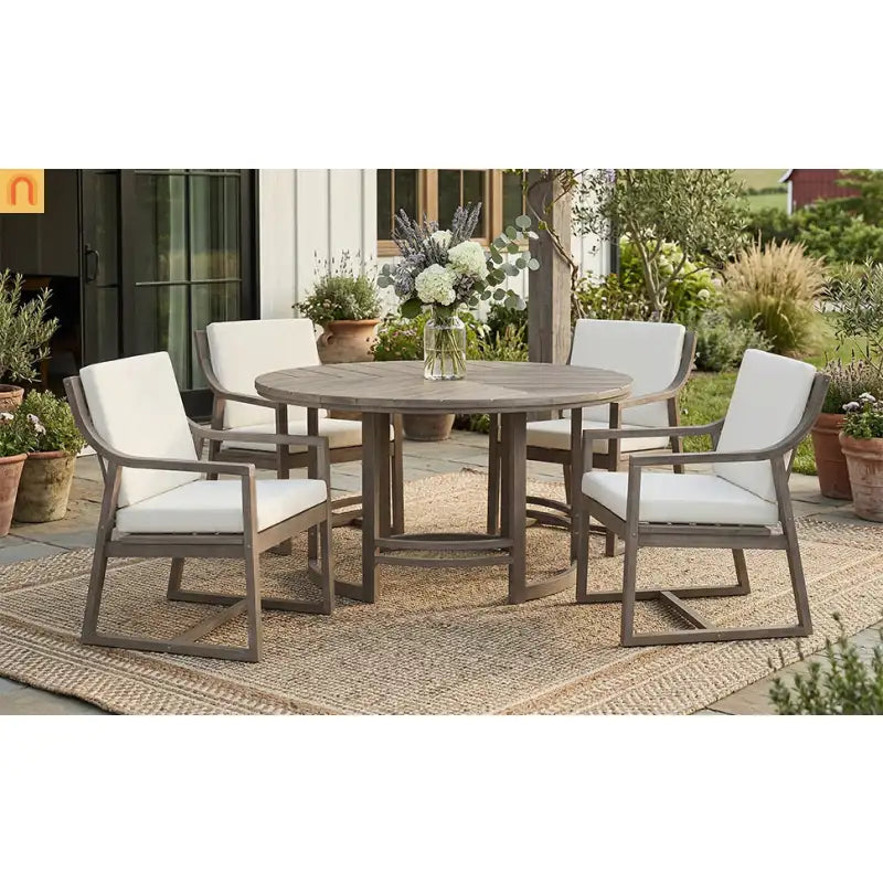 Outdoor Dining Set Acacia Wood Beige Cushions 5 Piece Umbrella Hole
