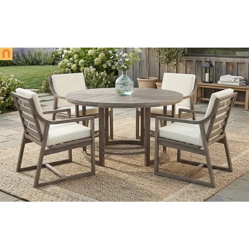 Outdoor Dining Set Acacia Wood Beige Cushions 5 Piece Umbrella Hole