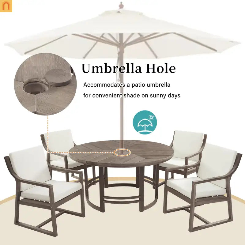 Outdoor Dining Set Acacia Wood Beige Cushions 5 Piece Umbrella Hole