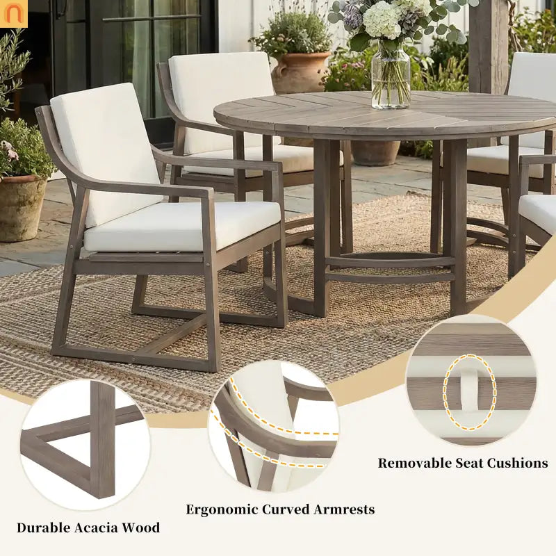 Outdoor Dining Set Acacia Wood Beige Cushions 5 Piece Umbrella Hole