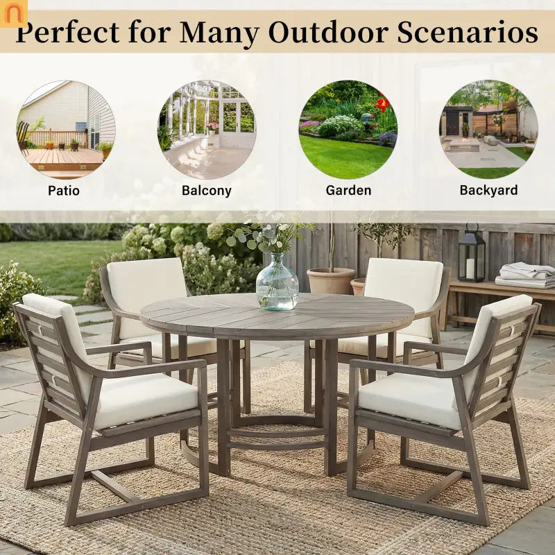 Outdoor Dining Set Acacia Wood Beige Cushions 5 Piece Umbrella Hole