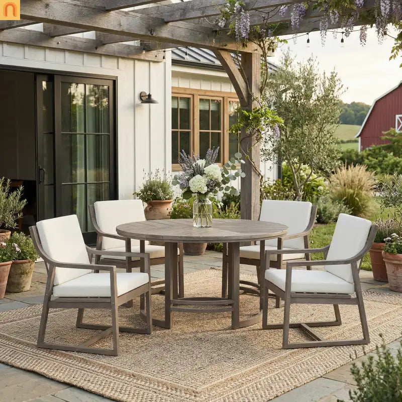 Outdoor Dining Set Acacia Wood Beige Cushions 5 Piece Umbrella Hole