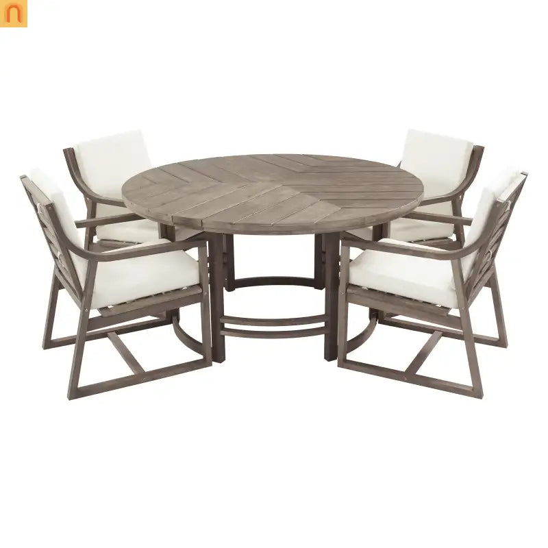 Outdoor Dining Set Acacia Wood Beige Cushions 5 Piece Umbrella Hole