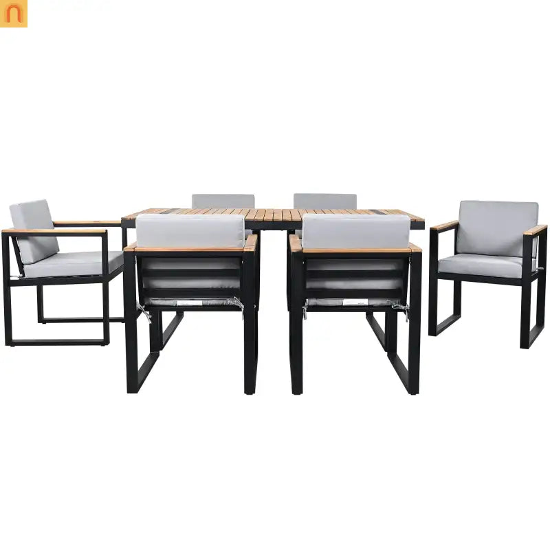Outdoor Dining Set Acacia Wood Steel Gray Cushion 7 Piece Umbrella Hole