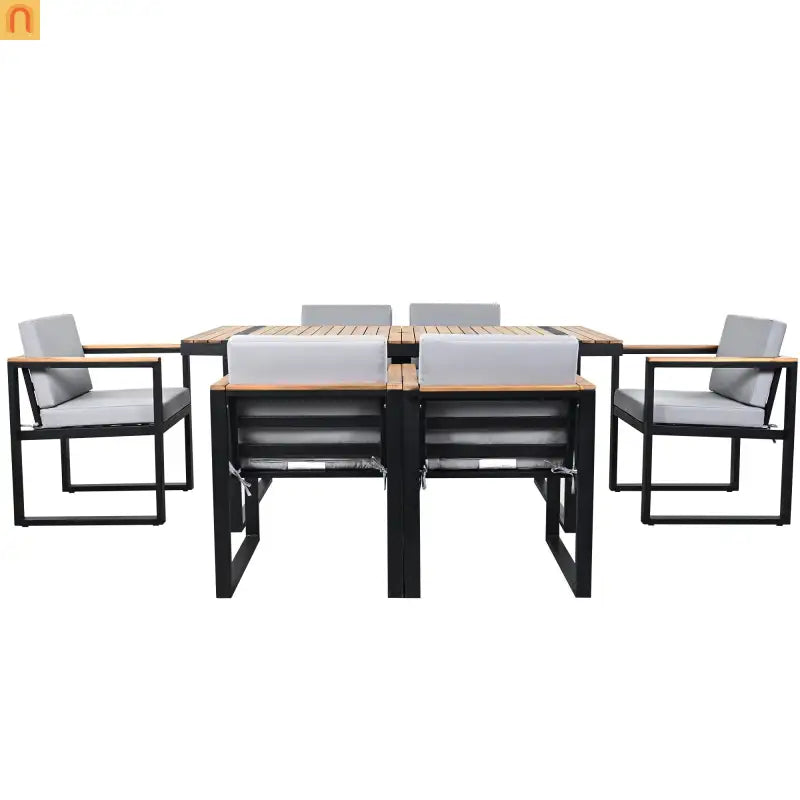 Outdoor Dining Set Acacia Wood Steel Gray Cushion 7 Piece Umbrella Hole