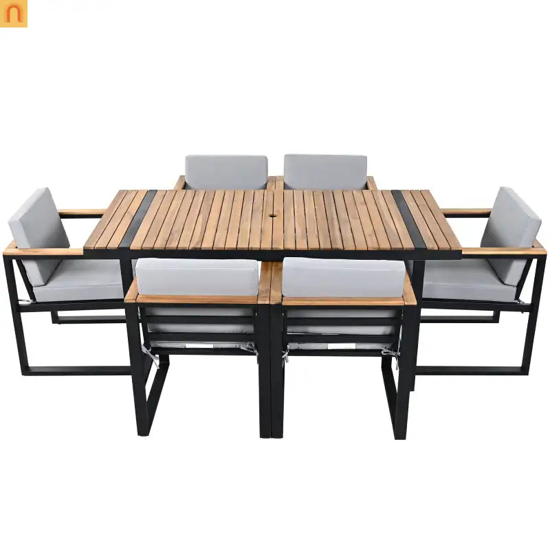Outdoor Dining Set Acacia Wood Steel Gray Cushion 7 Piece Umbrella Hole