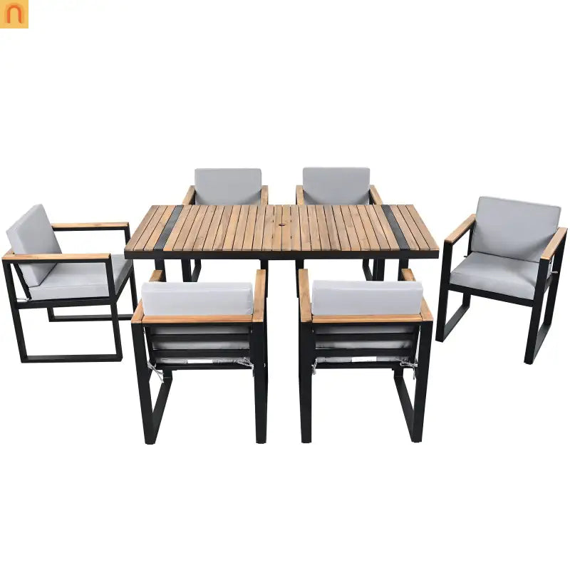 Outdoor Dining Set Acacia Wood Steel Gray Cushion 7 Piece Umbrella Hole