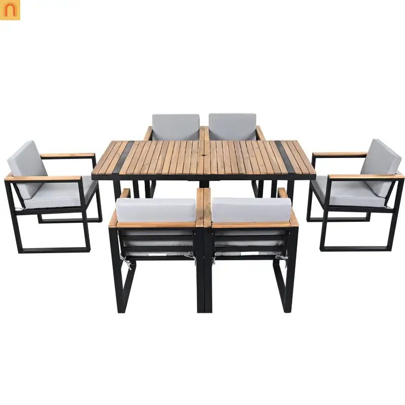 Outdoor Dining Set Acacia Wood Steel Gray Cushion 7 Piece Umbrella Hole