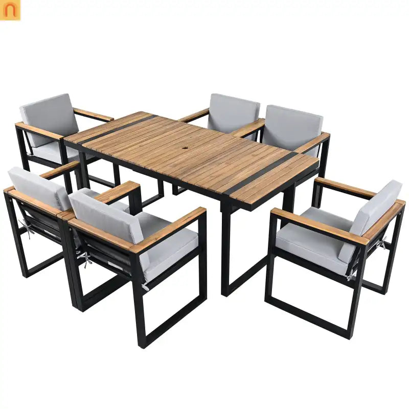 Outdoor Dining Set Acacia Wood Steel Gray Cushion 7 Piece Umbrella Hole