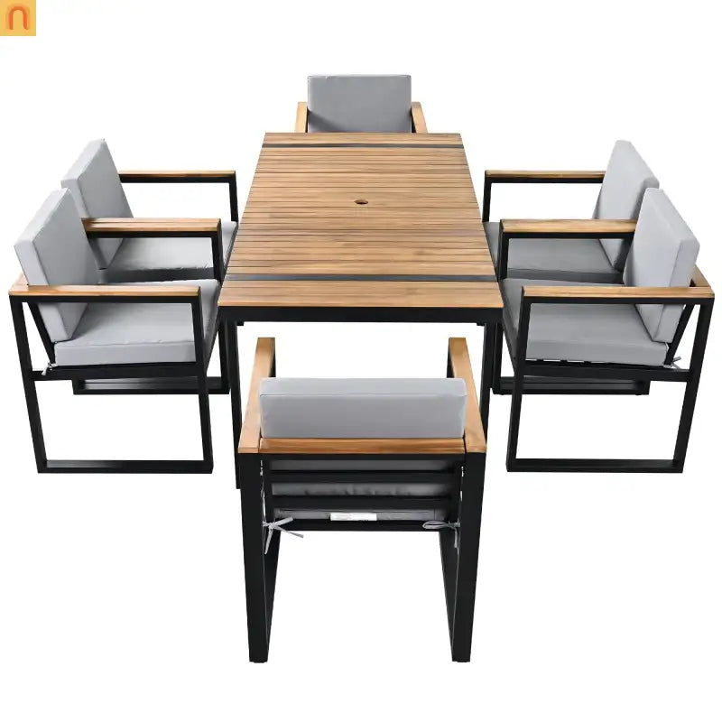 Outdoor Dining Set Acacia Wood Steel Gray Cushion 7 Piece Umbrella Hole