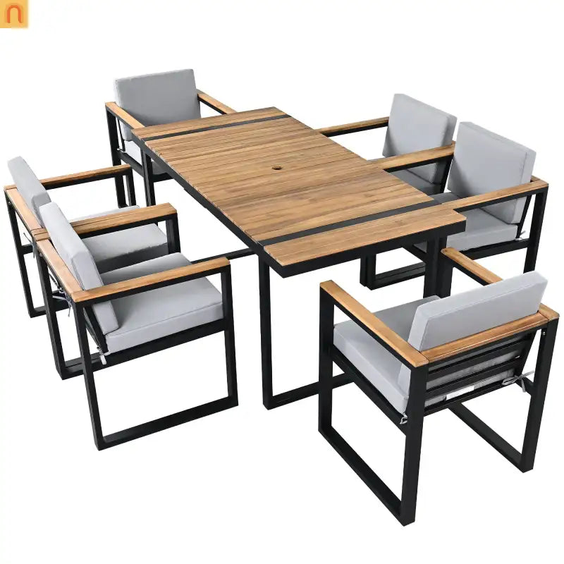 Outdoor Dining Set Acacia Wood Steel Gray Cushion 7 Piece Umbrella Hole