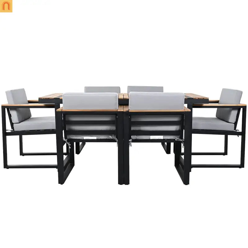 Outdoor Dining Set Acacia Wood Steel Gray Cushion 7 Piece Umbrella Hole