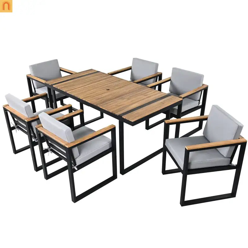 Outdoor Dining Set Acacia Wood Steel Gray Cushion 7 Piece Umbrella Hole