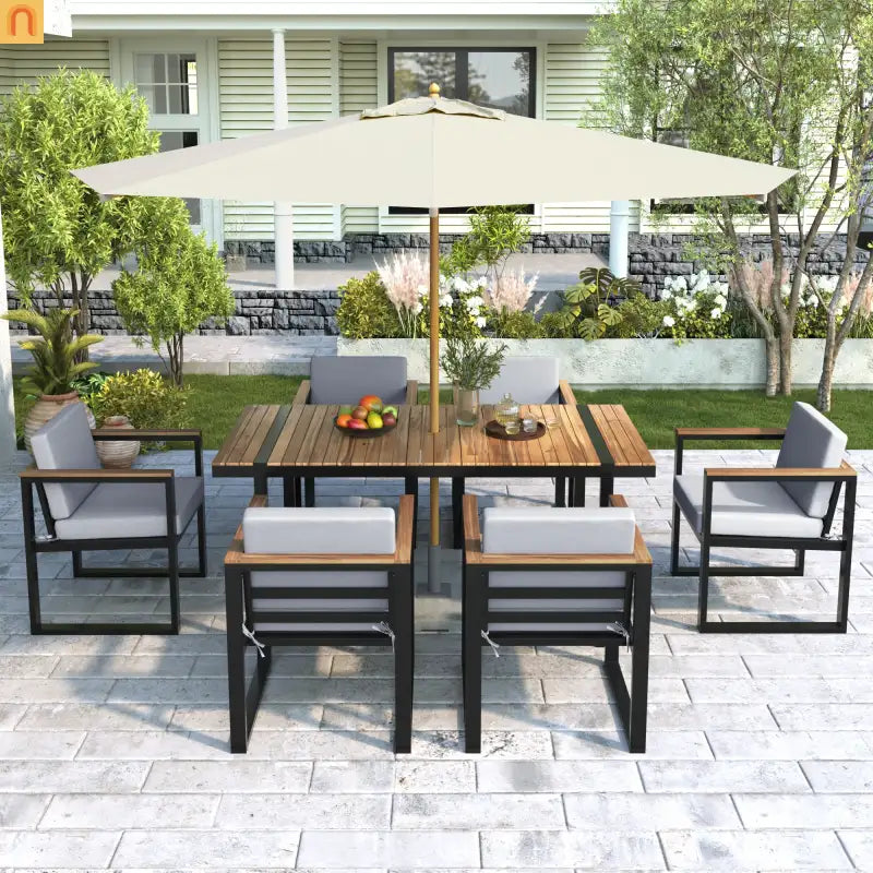 Outdoor Dining Set Acacia Wood Steel Gray Cushion 7 Piece Umbrella Hole