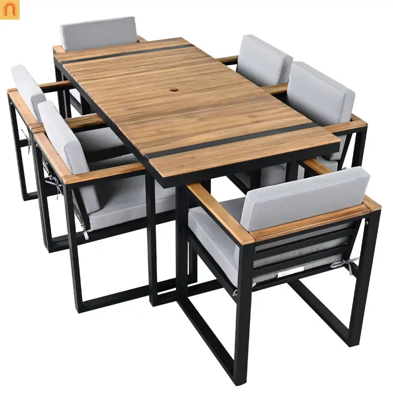 Outdoor Dining Set Acacia Wood Steel Gray Cushion 7 Piece Umbrella Hole