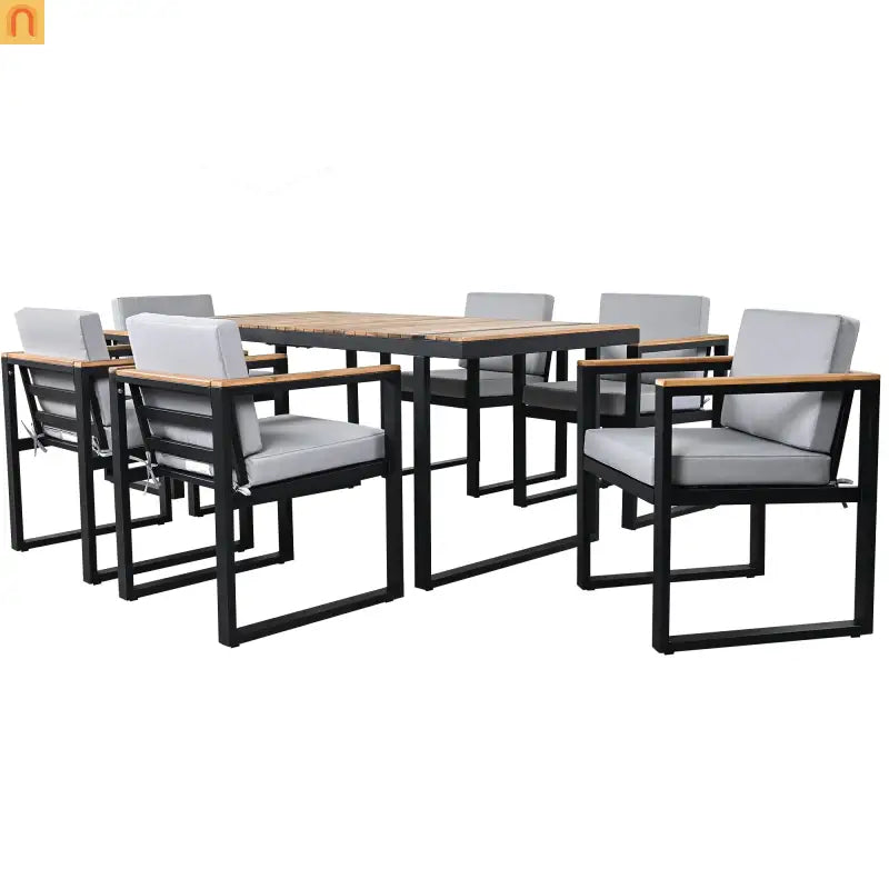 Outdoor Dining Set Acacia Wood Steel Gray Cushion 7 Piece Umbrella Hole