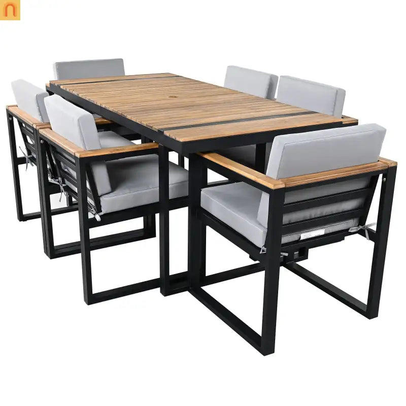 Outdoor Dining Set Acacia Wood Steel Gray Cushion 7 Piece Umbrella Hole