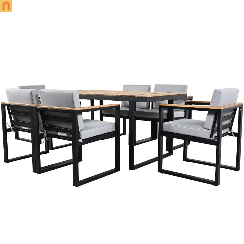 Outdoor Dining Set Acacia Wood Steel Gray Cushion 7 Piece Umbrella Hole