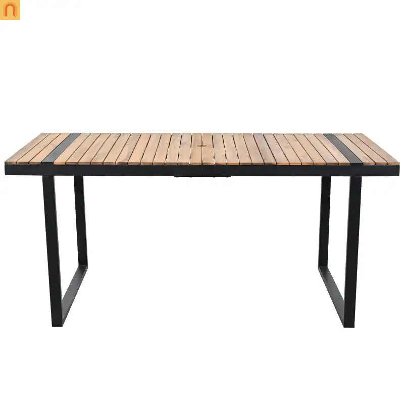 Outdoor Dining Set Acacia Wood Steel Gray Cushion 7 Piece Umbrella Hole